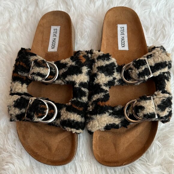 Steve Madden Sandal With Faux Fur Animal Print Upper/Silver Tone Buckles Size 9 - Picture 2 of 9